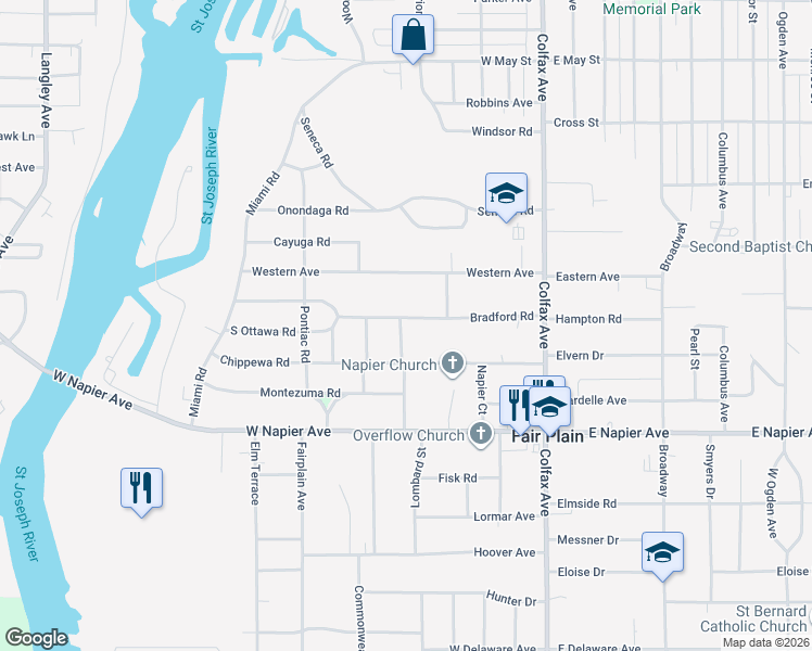map of restaurants, bars, coffee shops, grocery stores, and more near 1559 Hadley Road in Benton Harbor