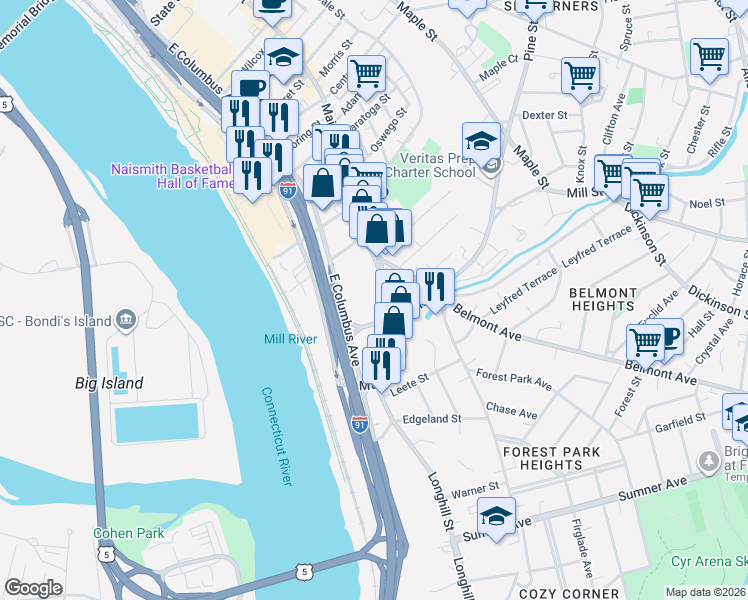 map of restaurants, bars, coffee shops, grocery stores, and more near 280 Main Street in Springfield