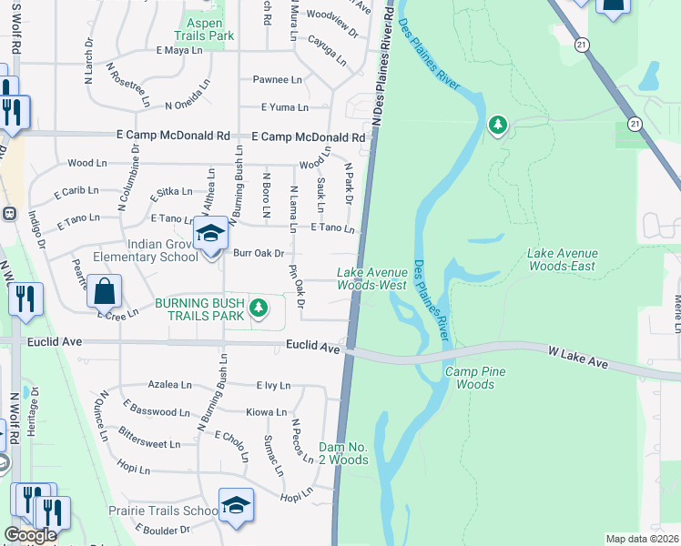 map of restaurants, bars, coffee shops, grocery stores, and more near 2016 Pin Oak Drive in Mount Prospect
