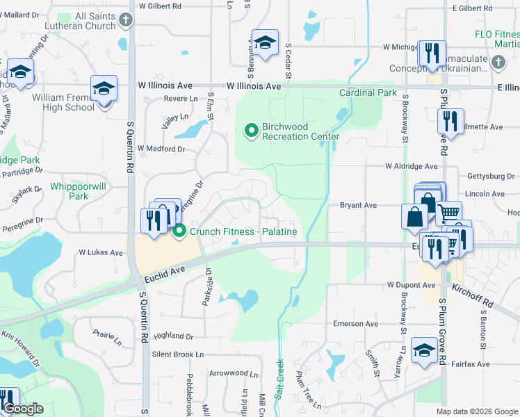 map of restaurants, bars, coffee shops, grocery stores, and more near 1096 South Parkside Drive in Palatine