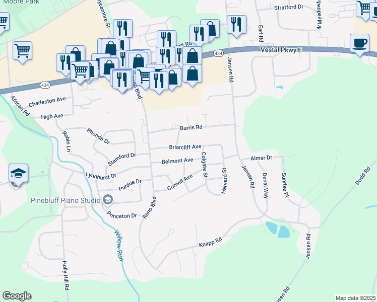 map of restaurants, bars, coffee shops, grocery stores, and more near 3141 Belmont Avenue in Vestal