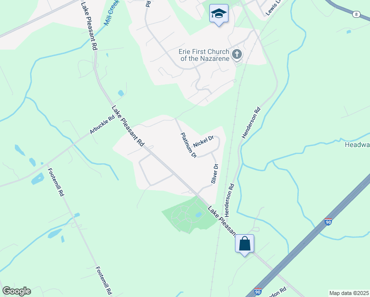 map of restaurants, bars, coffee shops, grocery stores, and more near 5750 Platinum Drive in Erie