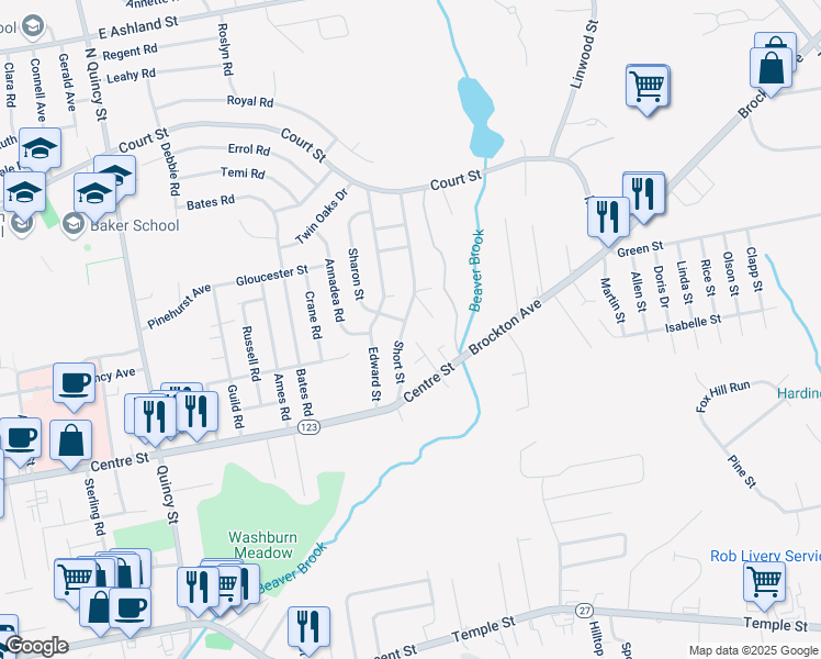 map of restaurants, bars, coffee shops, grocery stores, and more near 127 Short Street in Brockton