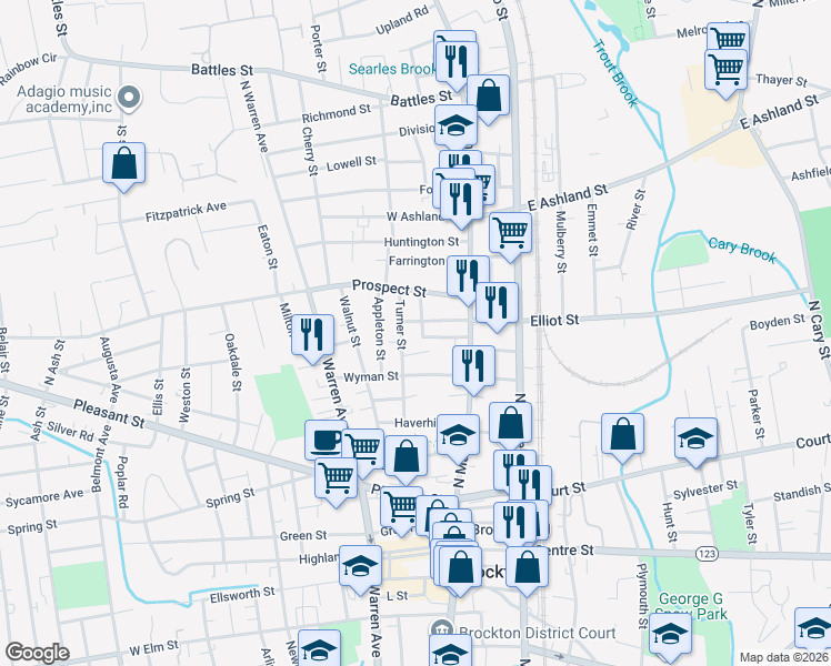 map of restaurants, bars, coffee shops, grocery stores, and more near 66 Turner Street in Brockton