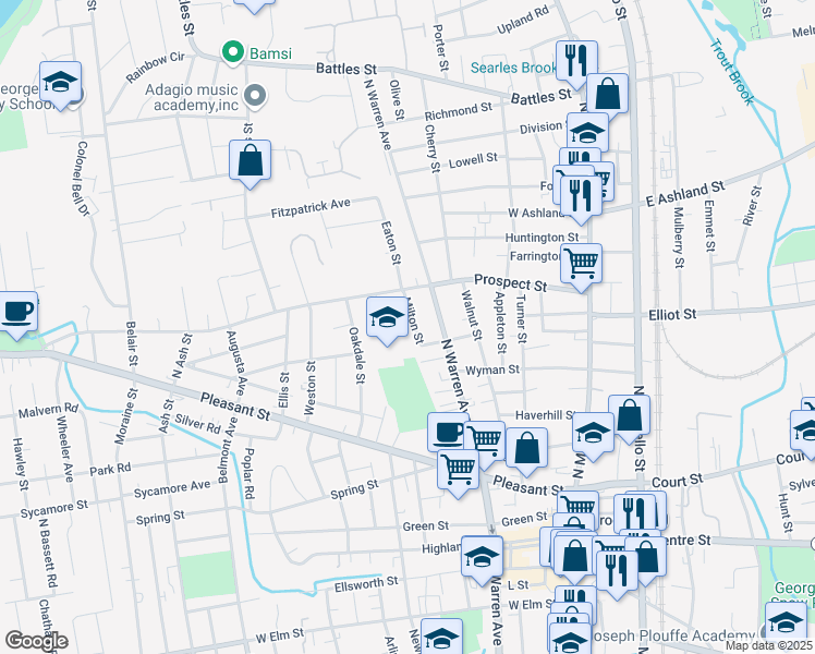 map of restaurants, bars, coffee shops, grocery stores, and more near 32 Milton Street in Brockton