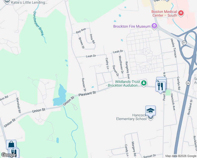 map of restaurants, bars, coffee shops, grocery stores, and more near 38 Calumet Drive in Brockton