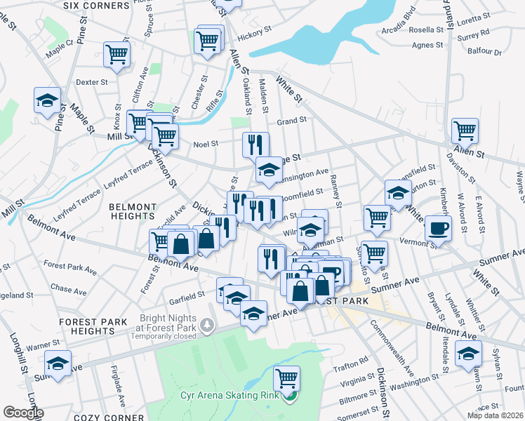map of restaurants, bars, coffee shops, grocery stores, and more near 22 Johnson Street in Springfield