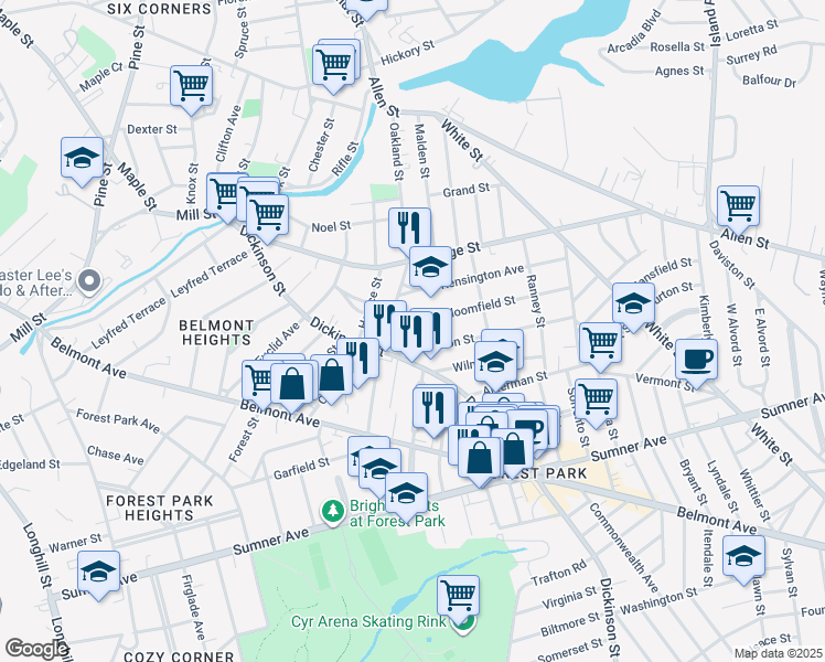 map of restaurants, bars, coffee shops, grocery stores, and more near 22 Johnson Street in Springfield