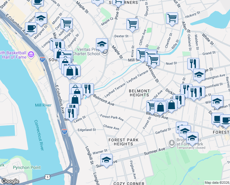 map of restaurants, bars, coffee shops, grocery stores, and more near 92 Woodside Terrace in Springfield