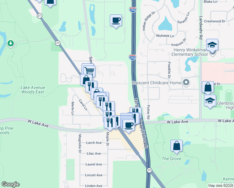 map of restaurants, bars, coffee shops, grocery stores, and more near 3444 Salem Walk in Northbrook