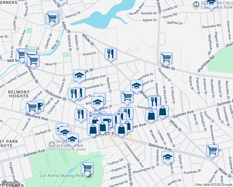 map of restaurants, bars, coffee shops, grocery stores, and more near 177 Johnson Street in Springfield