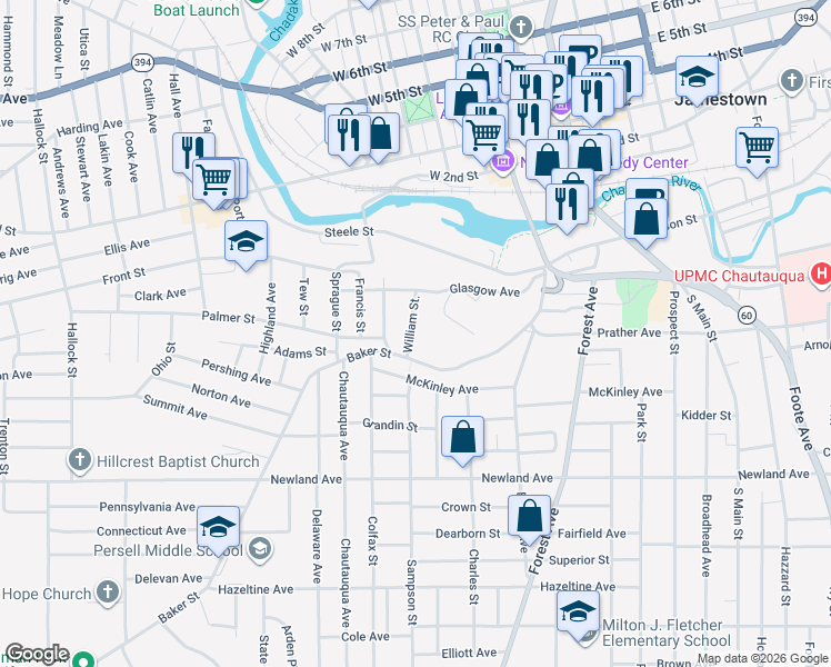 map of restaurants, bars, coffee shops, grocery stores, and more near 119 William Street in Jamestown