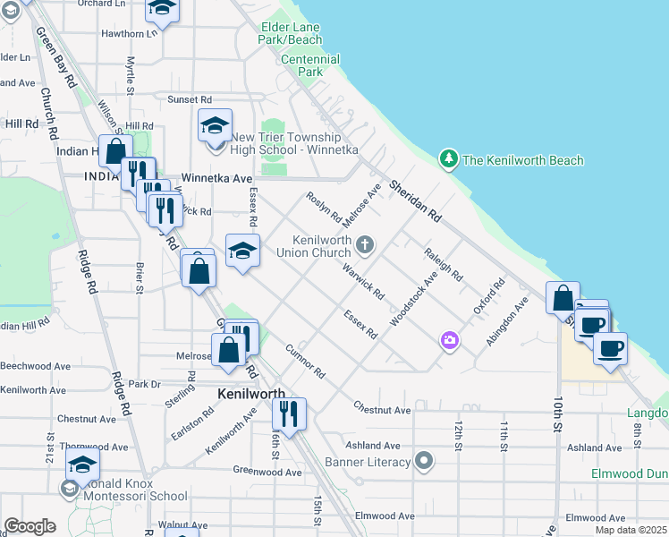 map of restaurants, bars, coffee shops, grocery stores, and more near 424 Warwick Road in Kenilworth