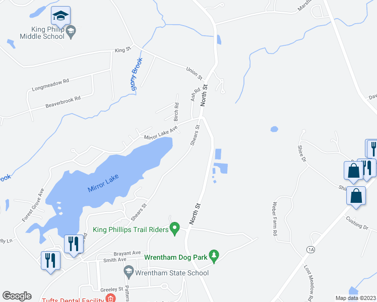 map of restaurants, bars, coffee shops, grocery stores, and more near 459 Shear's Street in Wrentham