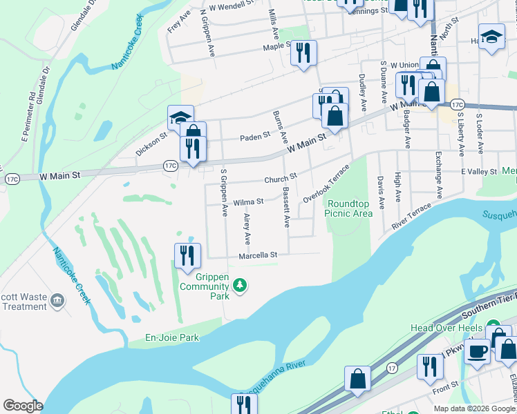 map of restaurants, bars, coffee shops, grocery stores, and more near 501 Airey Avenue in Endicott