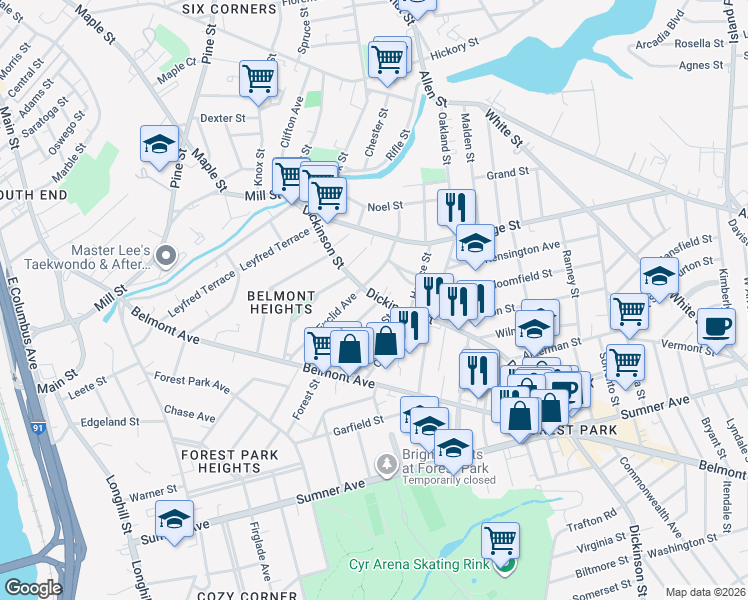 map of restaurants, bars, coffee shops, grocery stores, and more near 92 Hall Street in Springfield