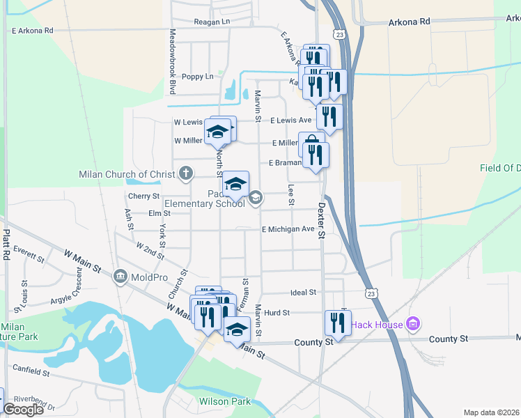 map of restaurants, bars, coffee shops, grocery stores, and more near 707 Marvin Street in Milan
