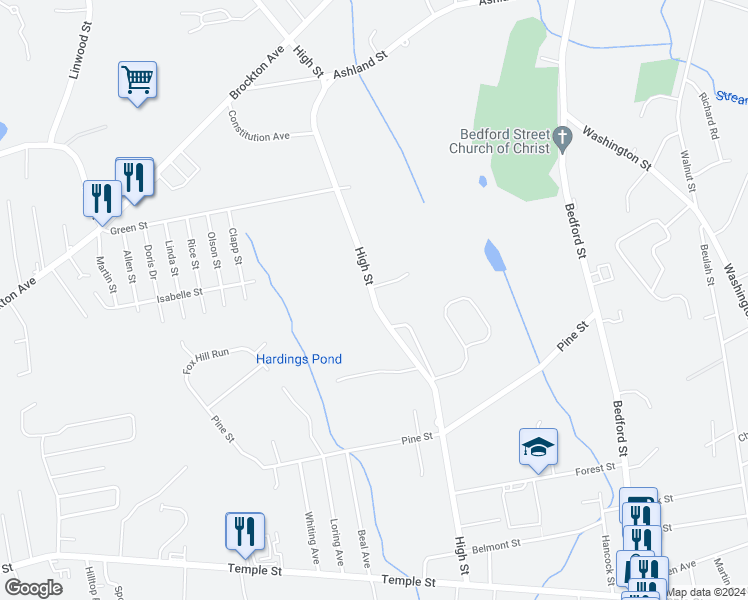 map of restaurants, bars, coffee shops, grocery stores, and more near 351 High Street in Whitman