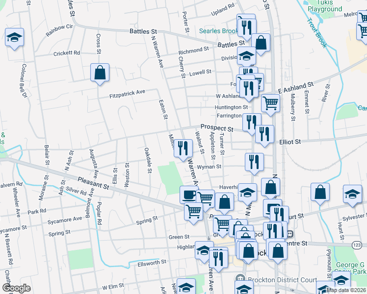 map of restaurants, bars, coffee shops, grocery stores, and more near 182 North Warren Avenue in Brockton