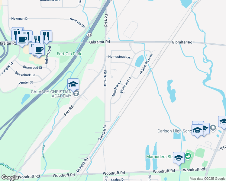 map of restaurants, bars, coffee shops, grocery stores, and more near 29164 Meadow Lane in Gibraltar