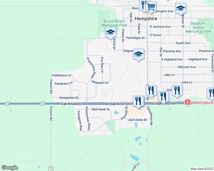 map of restaurants, bars, coffee shops, grocery stores, and more near 545 Whitetail Circle in Hampshire