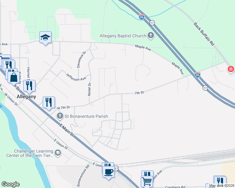 map of restaurants, bars, coffee shops, grocery stores, and more near 7th Street in Allegany
