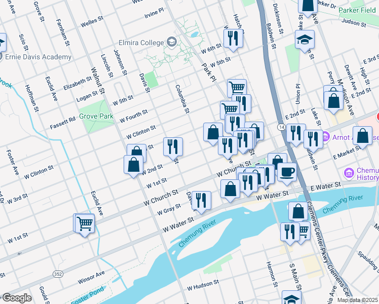 map of restaurants, bars, coffee shops, grocery stores, and more near 363 West 2nd Street in Elmira
