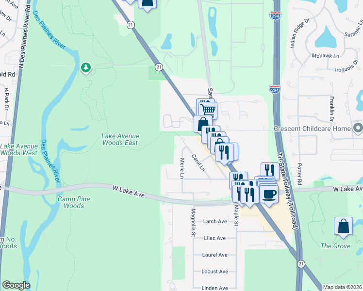 map of restaurants, bars, coffee shops, grocery stores, and more near 3470 Carol Lane in Northbrook