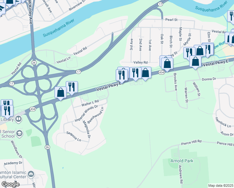 map of restaurants, bars, coffee shops, grocery stores, and more near Vestal Pkwy in Broome