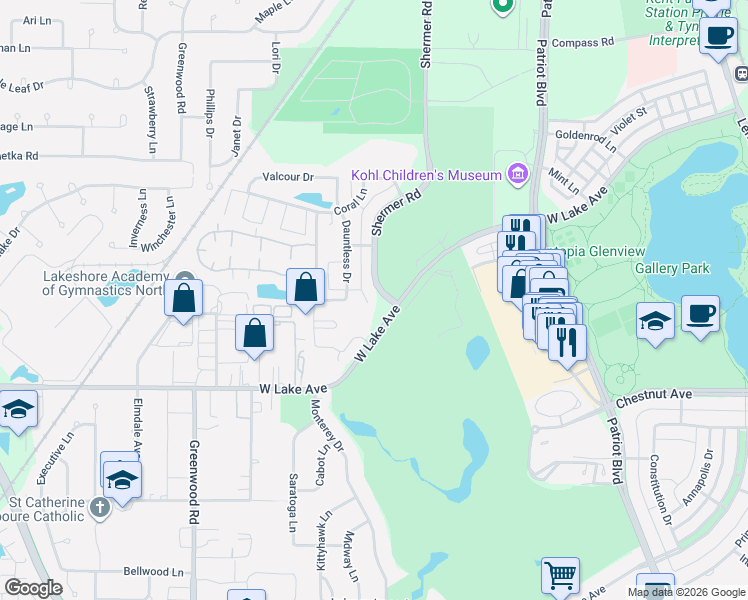 map of restaurants, bars, coffee shops, grocery stores, and more near 1925 Dauntless Drive in Glenview