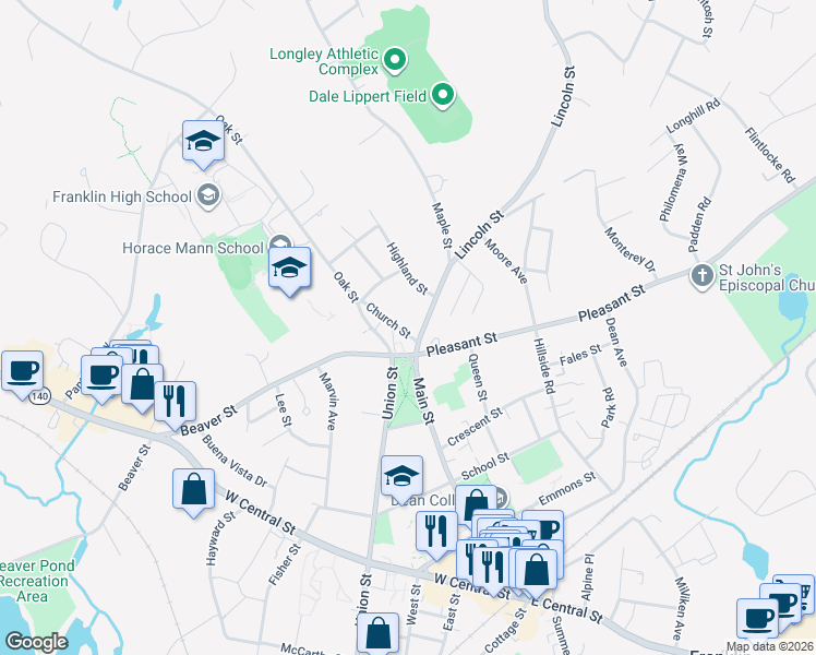 map of restaurants, bars, coffee shops, grocery stores, and more near 11 Church Street in Franklin