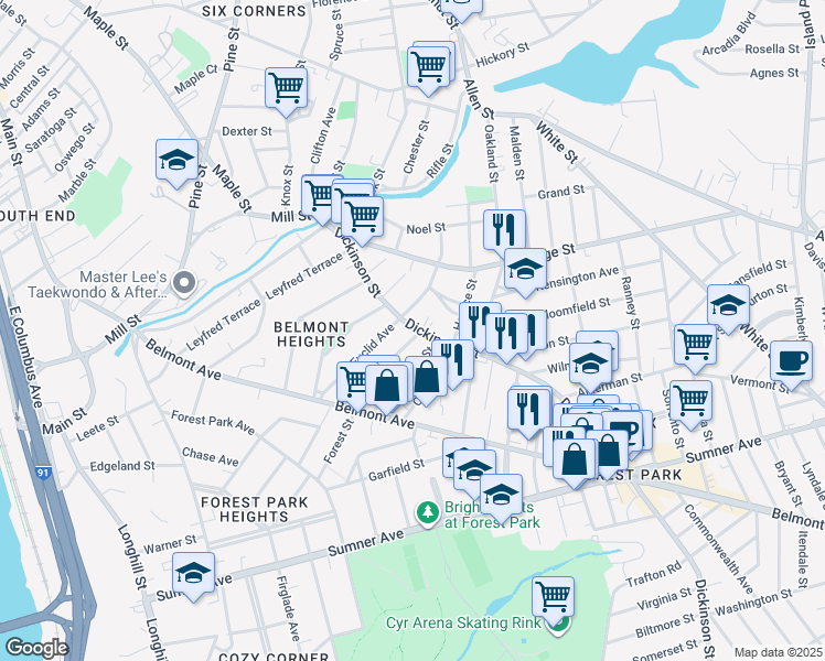 map of restaurants, bars, coffee shops, grocery stores, and more near 92 Hall Street in Springfield