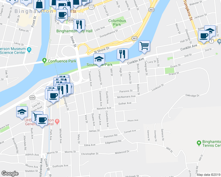 map of restaurants, bars, coffee shops, grocery stores, and more near 1276 Vestal Avenue in Binghamton