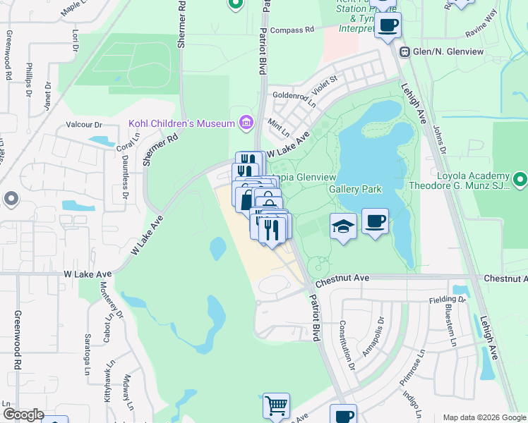 map of restaurants, bars, coffee shops, grocery stores, and more near 2001 Tower Road in Glenview