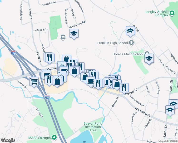 map of restaurants, bars, coffee shops, grocery stores, and more near 491 West Central Street in Franklin