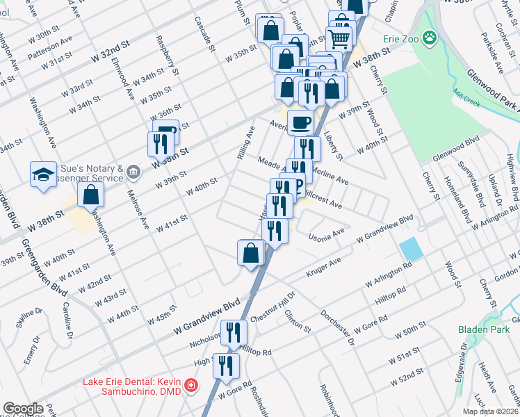 map of restaurants, bars, coffee shops, grocery stores, and more near 4307 Harding Drive in Erie