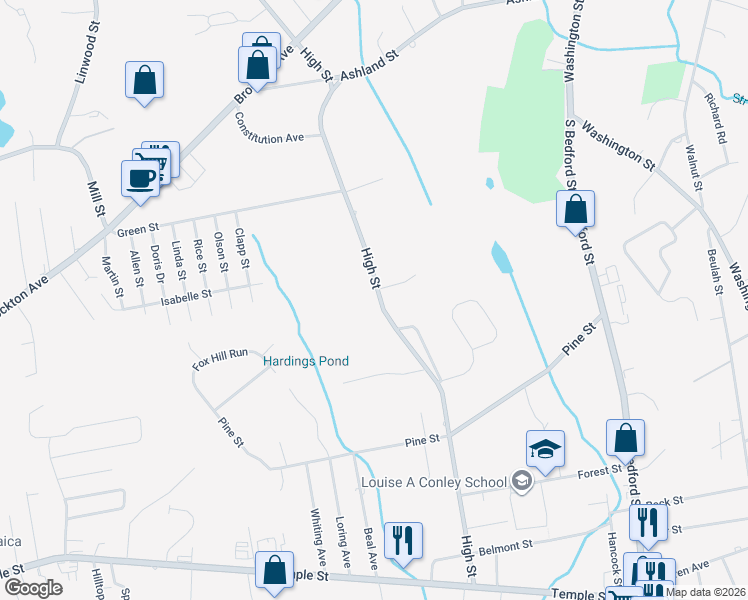 map of restaurants, bars, coffee shops, grocery stores, and more near 358 High Street in Whitman