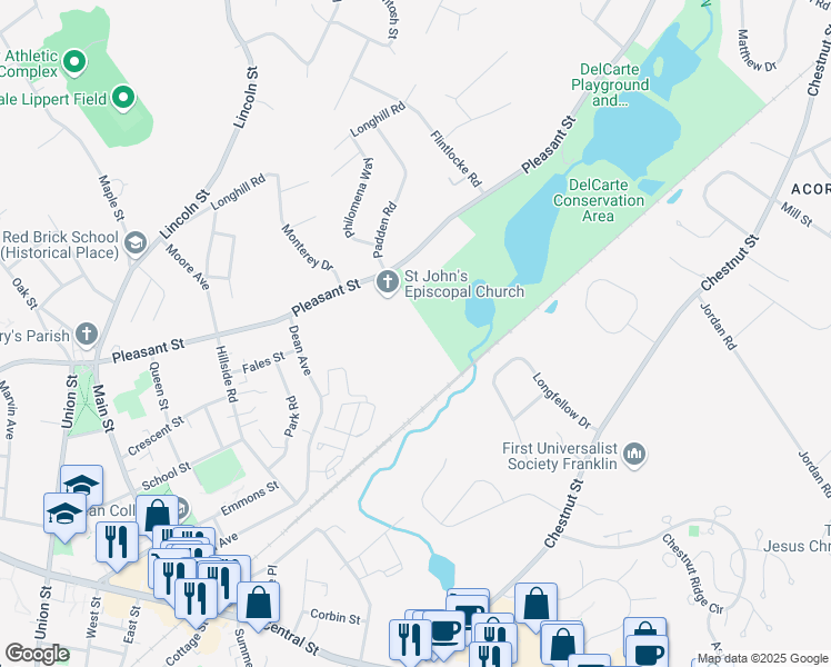 map of restaurants, bars, coffee shops, grocery stores, and more near 237 Pleasant Street in Franklin