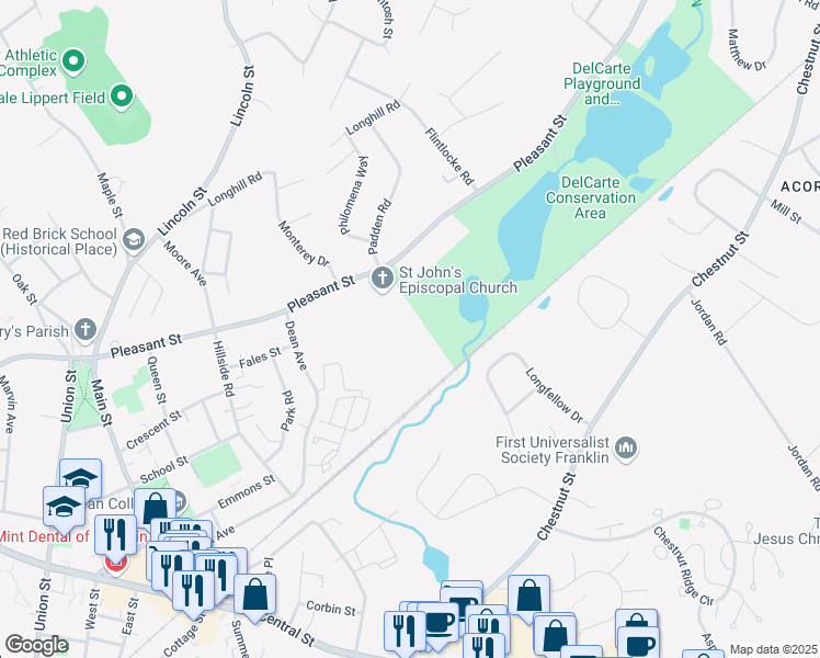map of restaurants, bars, coffee shops, grocery stores, and more near 237 Pleasant Street in Franklin