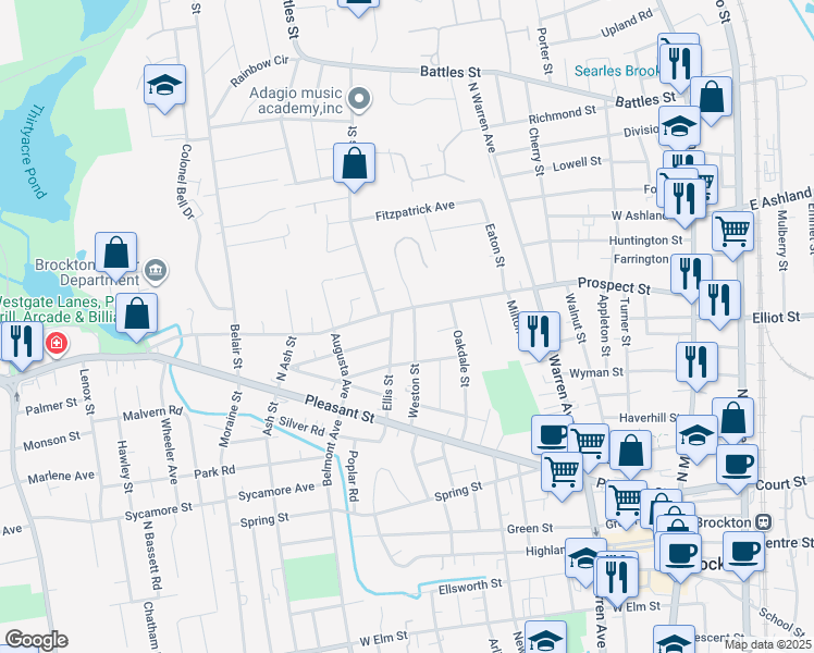 map of restaurants, bars, coffee shops, grocery stores, and more near 67 Ellis Street in Brockton