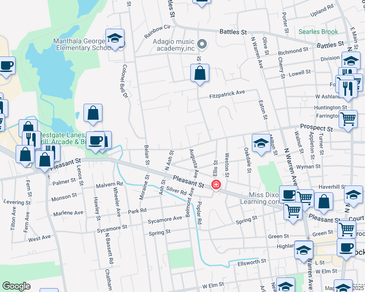 map of restaurants, bars, coffee shops, grocery stores, and more near 320 Prospect Street in Brockton