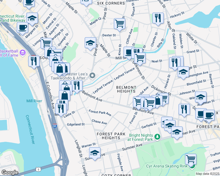 map of restaurants, bars, coffee shops, grocery stores, and more near 92 Woodside Terrace in Springfield
