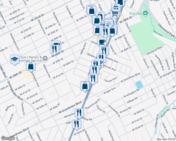 map of restaurants, bars, coffee shops, grocery stores, and more near 4307 Harding Drive in Erie