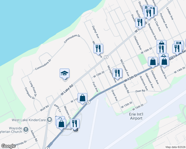 map of restaurants, bars, coffee shops, grocery stores, and more near 4205 W Lake Rd in Erie