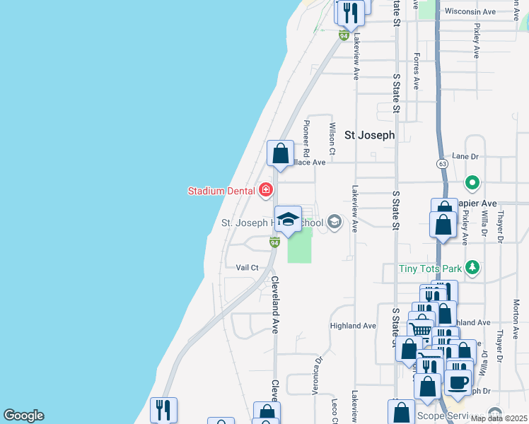 map of restaurants, bars, coffee shops, grocery stores, and more near 222 Crofton Circle in St. Joseph