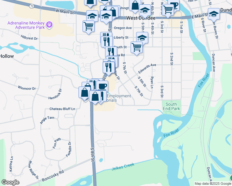 map of restaurants, bars, coffee shops, grocery stores, and more near 651 South 8th Street in West Dundee