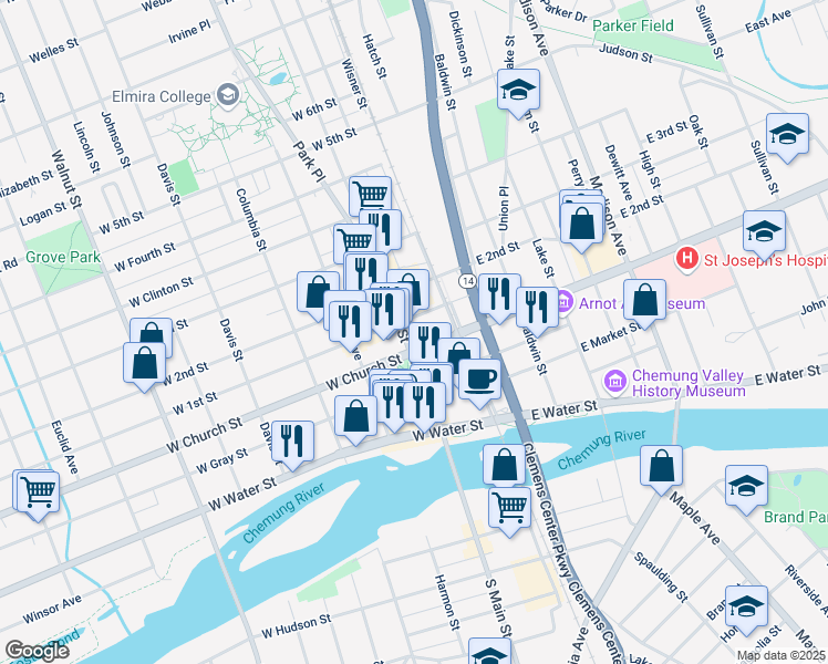 map of restaurants, bars, coffee shops, grocery stores, and more near 304 North Main Street in Elmira