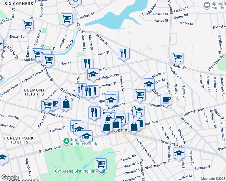 map of restaurants, bars, coffee shops, grocery stores, and more near 118 Johnson Street in Springfield