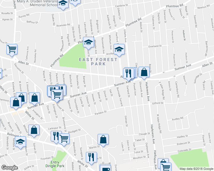 map of restaurants, bars, coffee shops, grocery stores, and more near 4 Roosevelt Avenue in Springfield