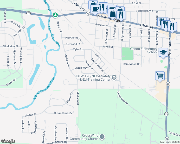 map of restaurants, bars, coffee shops, grocery stores, and more near 704 Cedar Lane in Genoa